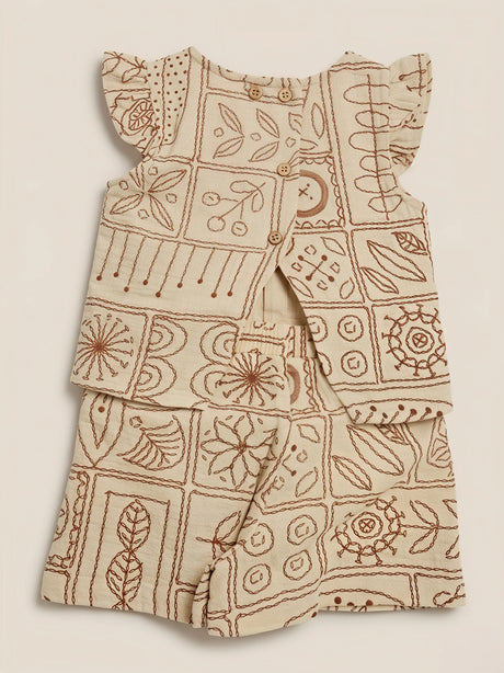 Girls Cream Block Print Shorts Set