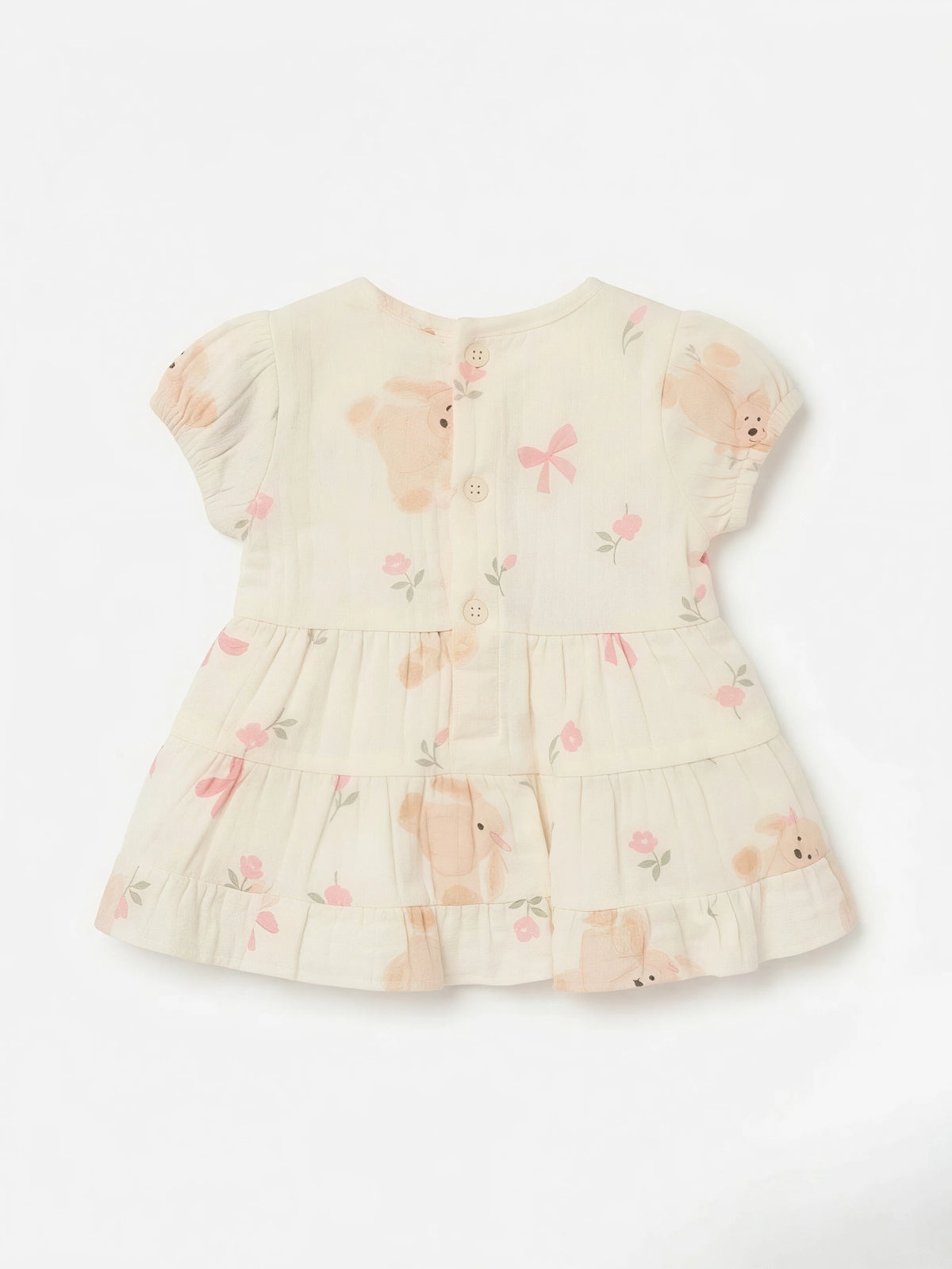 Girls Cream Printed Frock with Bow Waistband....