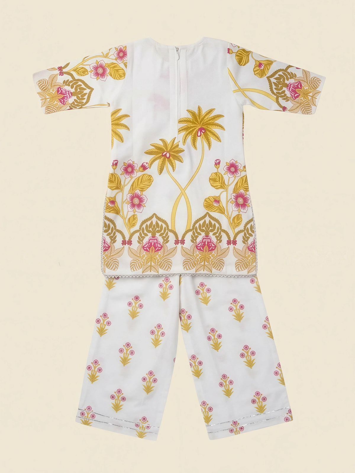 Girls Yellow Printed Kurta Palazzo Dupatta Set.