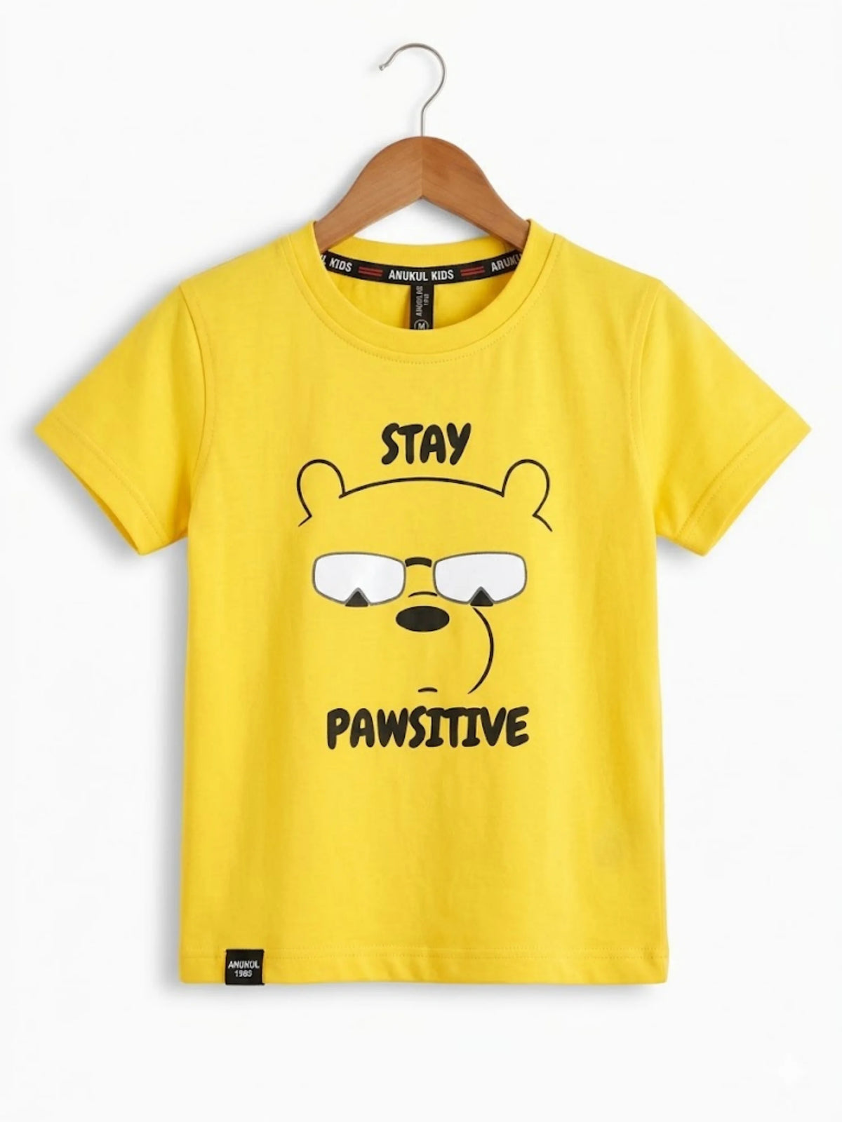 Boys Yellow Stay Pawsitive Bear Graphic T-Shirt