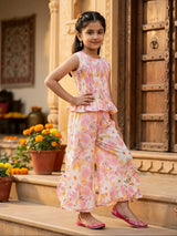 Girls Floral Print Pink Sharara Set with Peplum Top