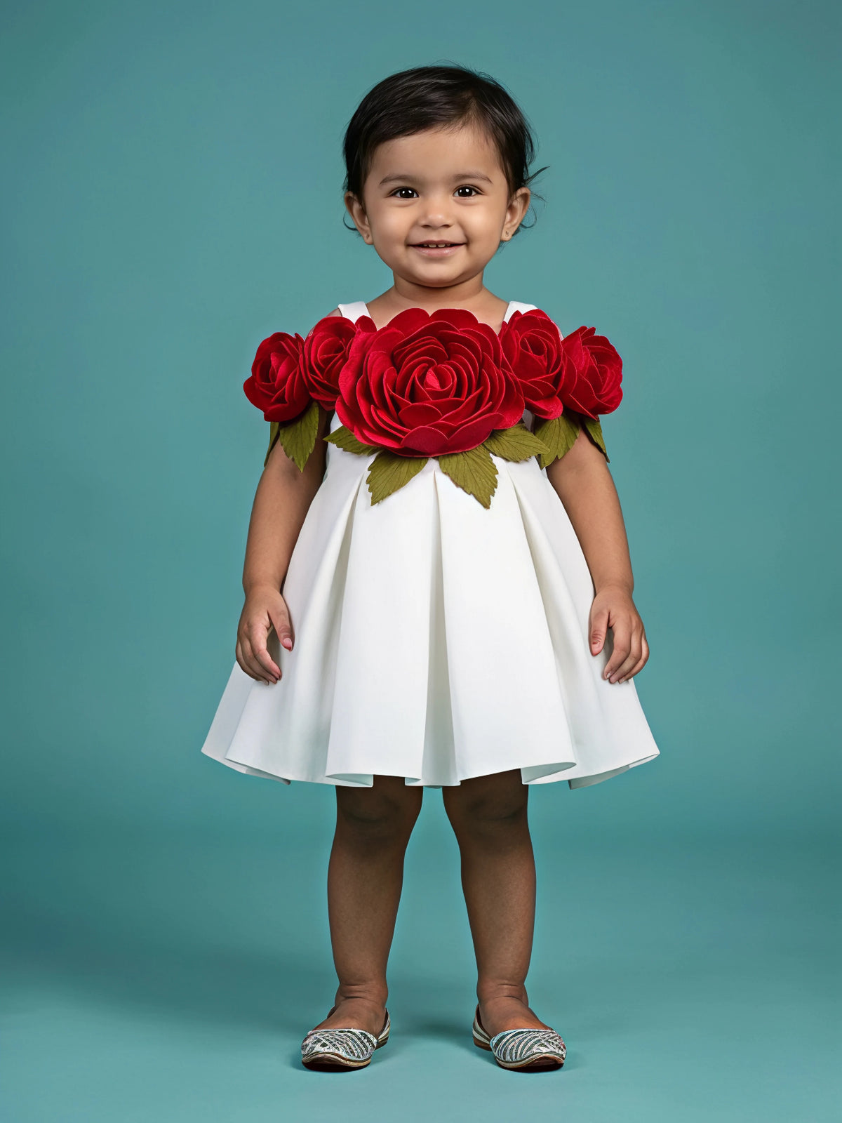 Baby girl wearing a sleeveless white party wear frock decorated with large 3D red roses across the neckline