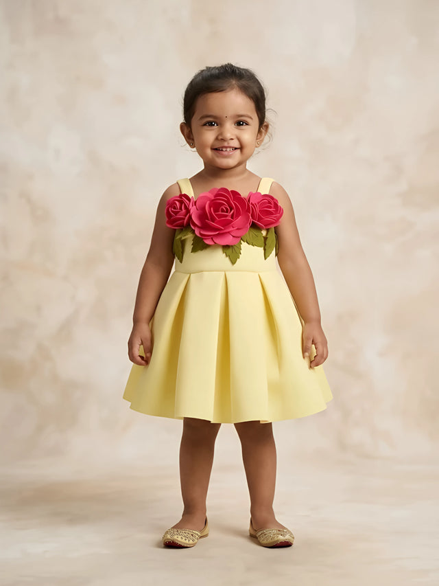 Little girl wearing a bright yellow sleeveless party wear frock with 3D pink rose floral design and box-pleated skirt.
