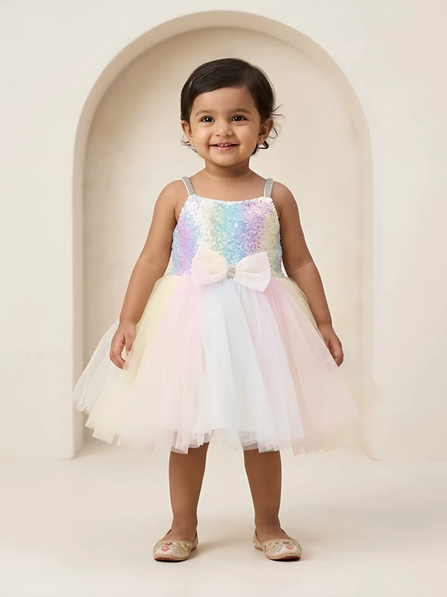 Little girl wearing a pastel multicolor sequin party frock with white waist bow and flared tulle skirt