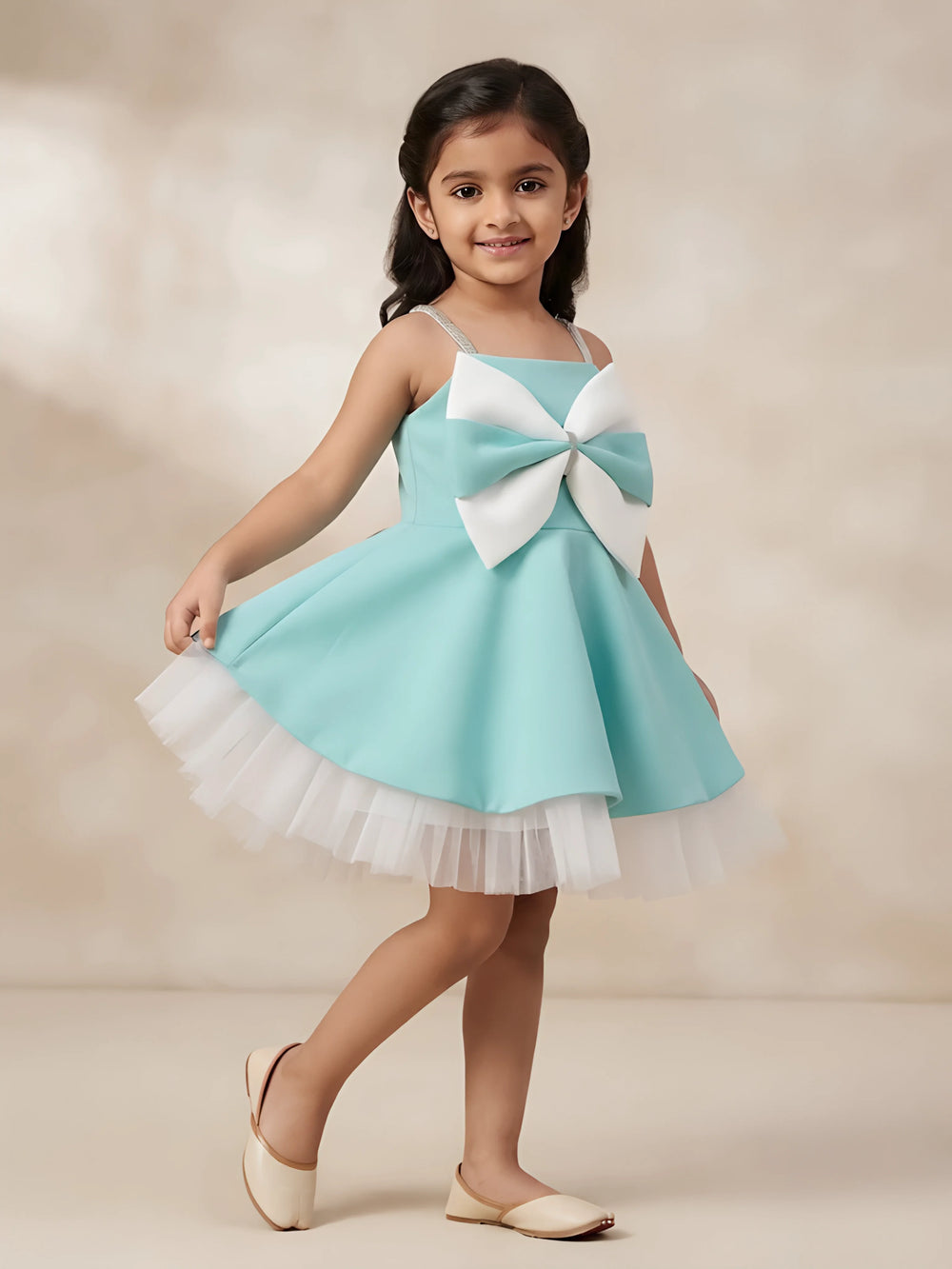 Green bow detailed party wear frocks for girls with a layered white tulle skirt.
