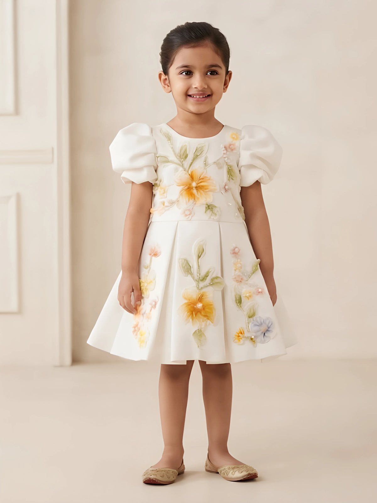 White floral embroidered frocks for girls with puff sleeves and pleated skirt.