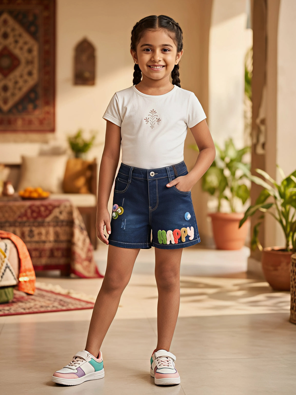 Girls Navy Blue "HAPPY" Appliqué Denim Shorts