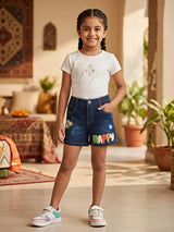 Girls Navy Blue "HAPPY" Appliqué Denim Shorts