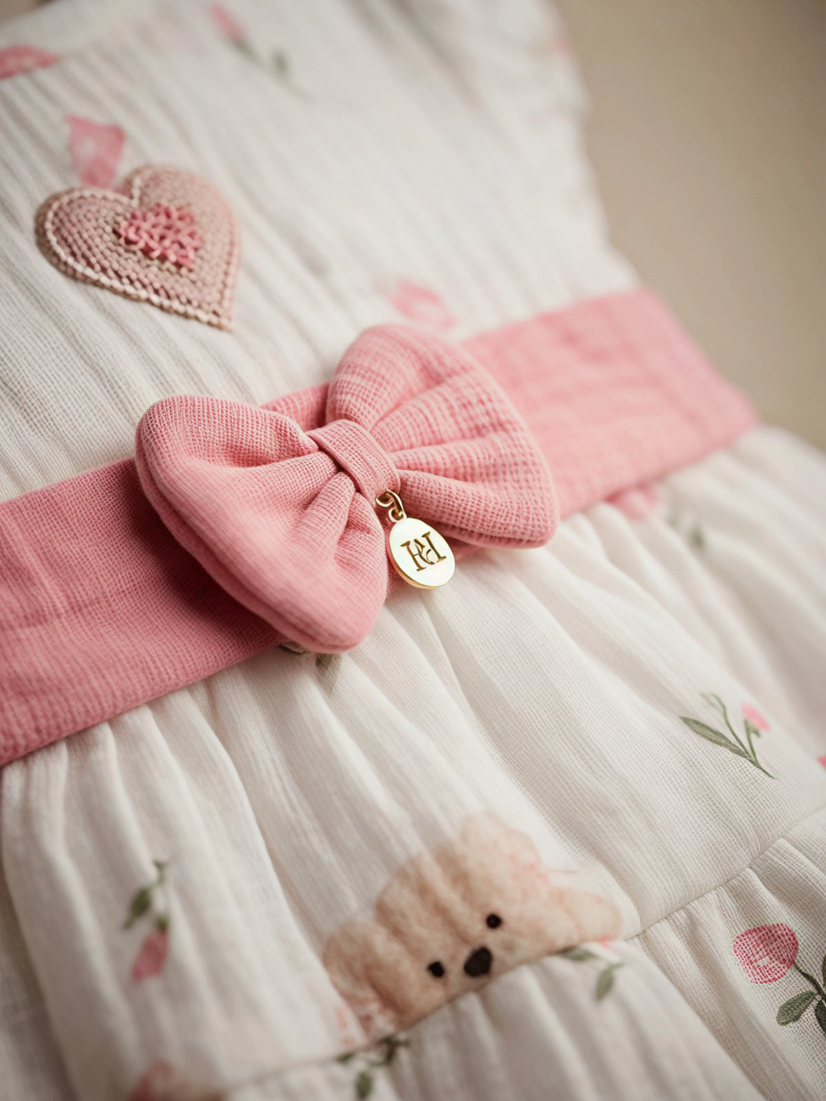 Girls Cream Printed Frock with Bow Waistband....