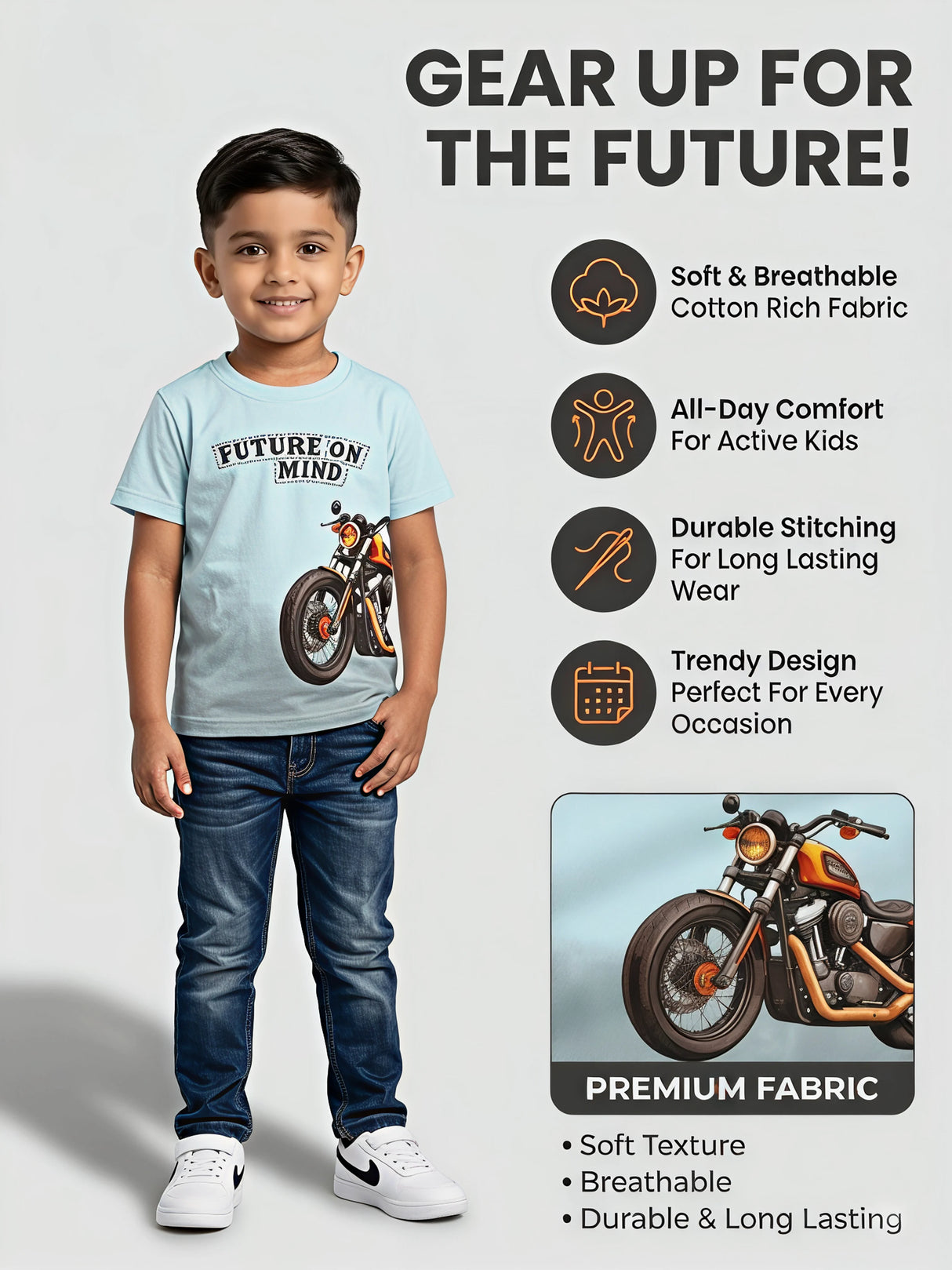 Boys Light Blue Bike Graphic Printed T-Shirt