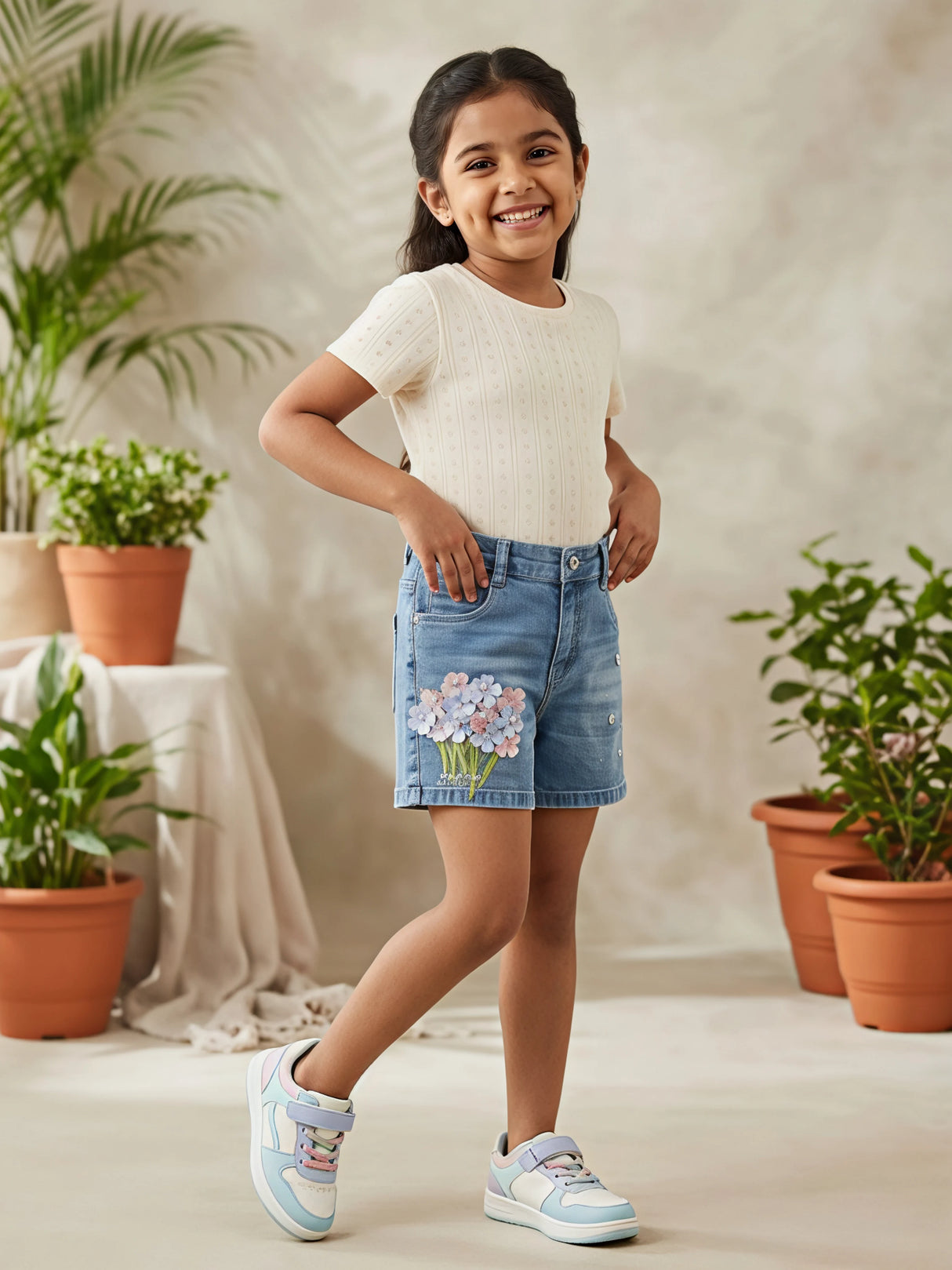 Girls' Floral Appliqué Denim Shorts - Blue