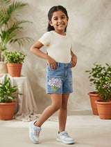 Girls' Floral Appliqué Denim Shorts - Blue