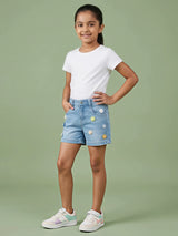 Girls Blue Floral Applique Denim Shorts