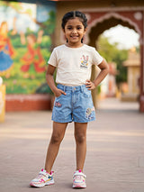 Girls' Light Blue Denim Shorts with Animated Embroidery