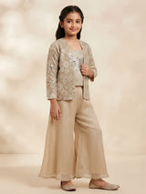 Cream embroidered mirror work jacket sharara set for girls.