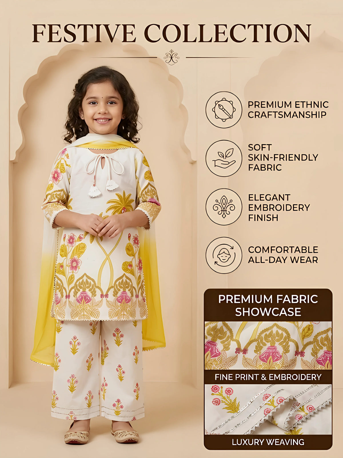 Girls Yellow Printed Kurta Palazzo Dupatta Set.
