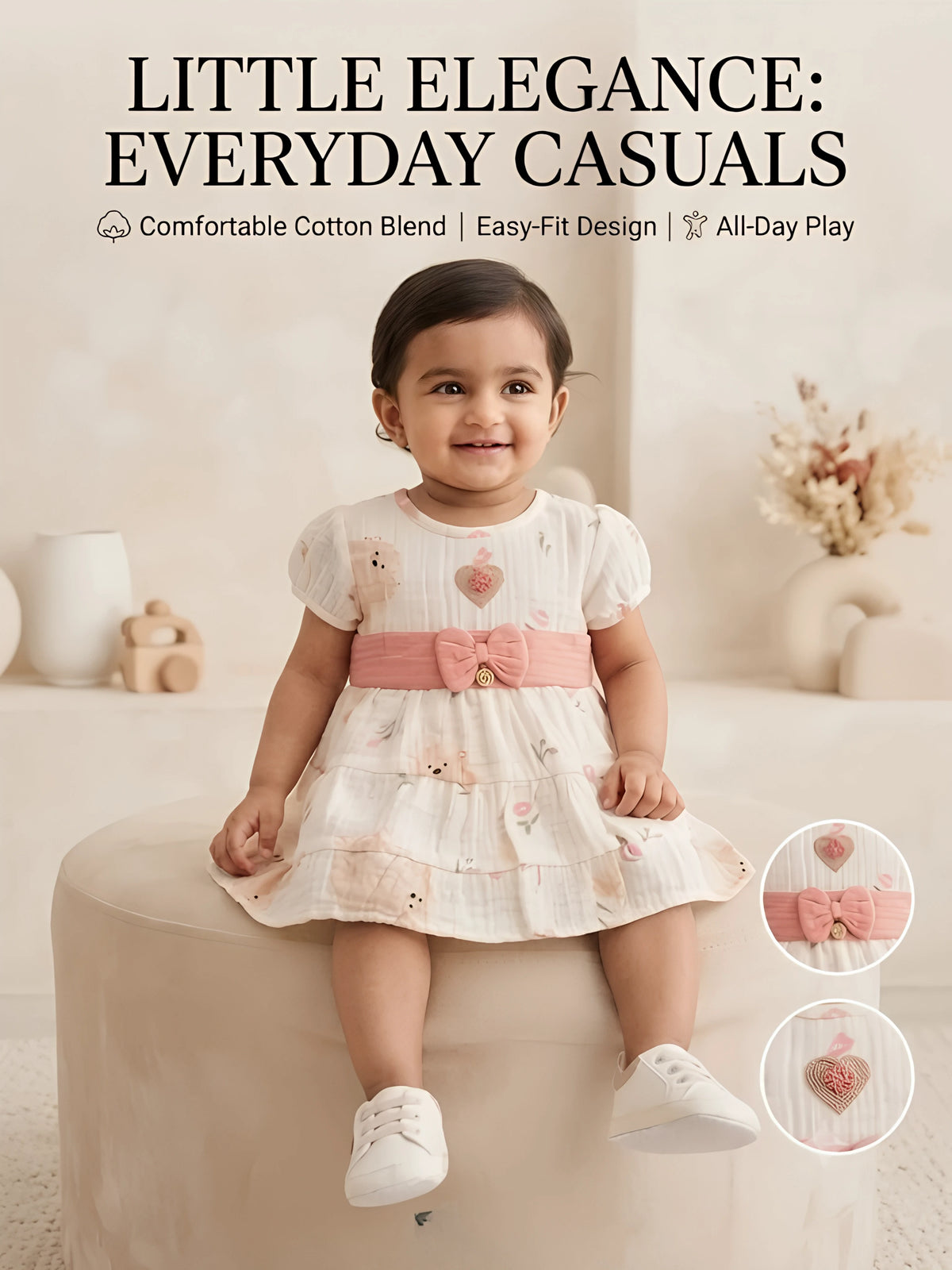 Girls Cream Printed Frock with Bow Waistband....