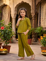 Girls Olive Green Embroidered Plazo Set