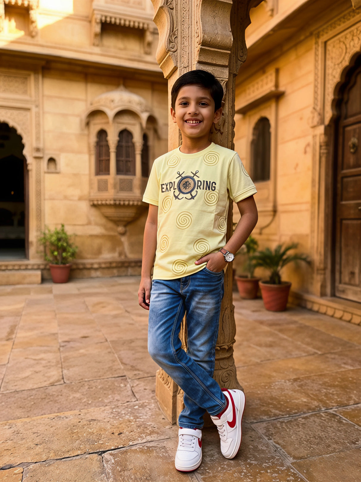 Boys Cream Graphic Print Cotton T-Shirt