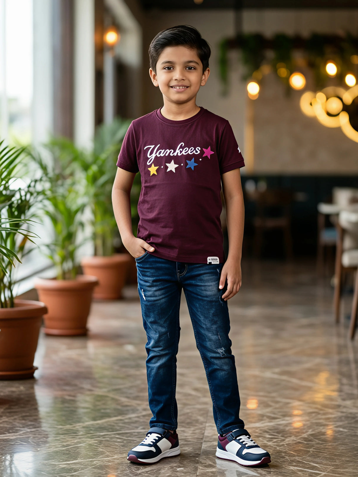 Boys Maroon Yankees Graphic Print Cotton T-Shirt