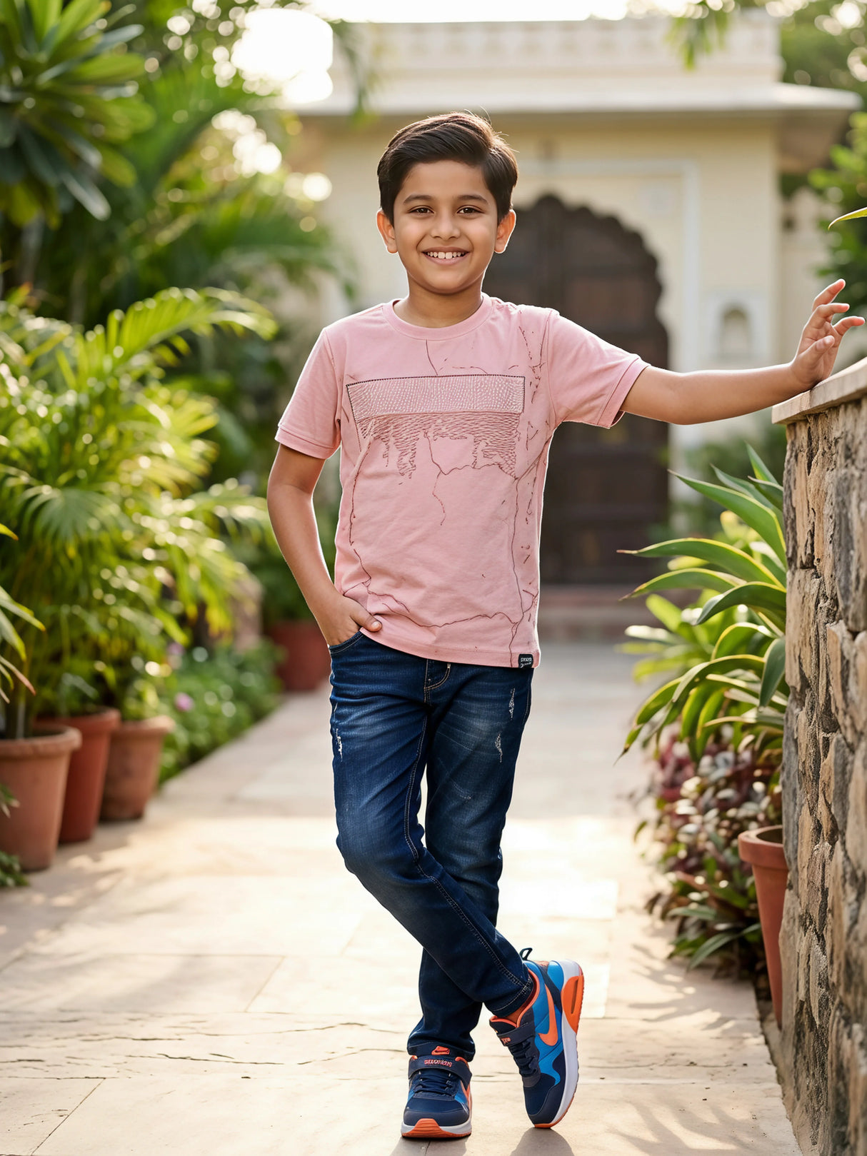 Boy's Trendy Graphic Print Pink Cotton T-Shirt
