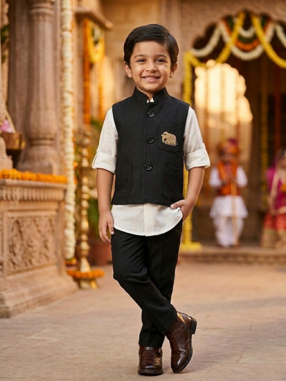 Boys Black Ethnic Waistcoat & White Shirt Set