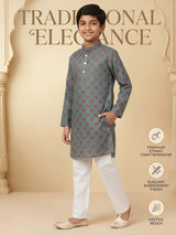 Blue Ethnic Print Kurta Pajama Set for Boys