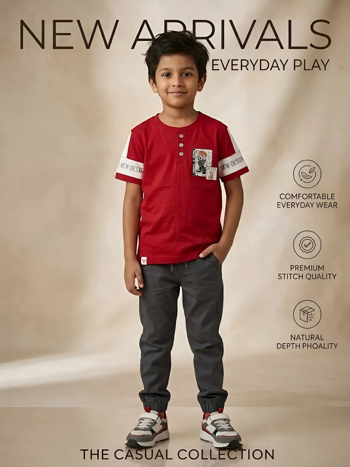 Red Graphic Print Henley T-Shirt with White Sleeve Panels