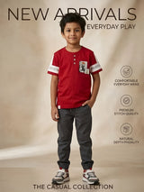 Red Graphic Print Henley T-Shirt with White Sleeve Panels