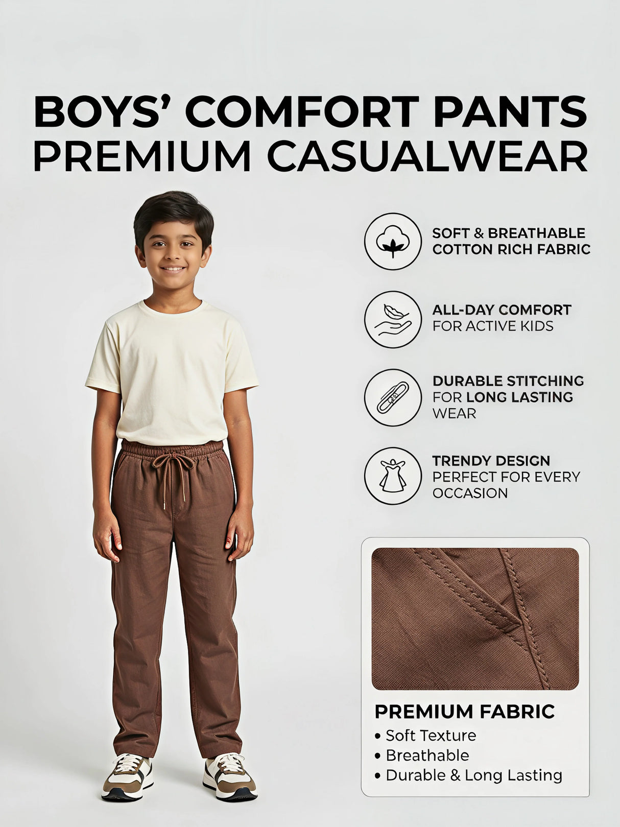 Boys' Earth-Tone Textured Cotton Pants - Brown