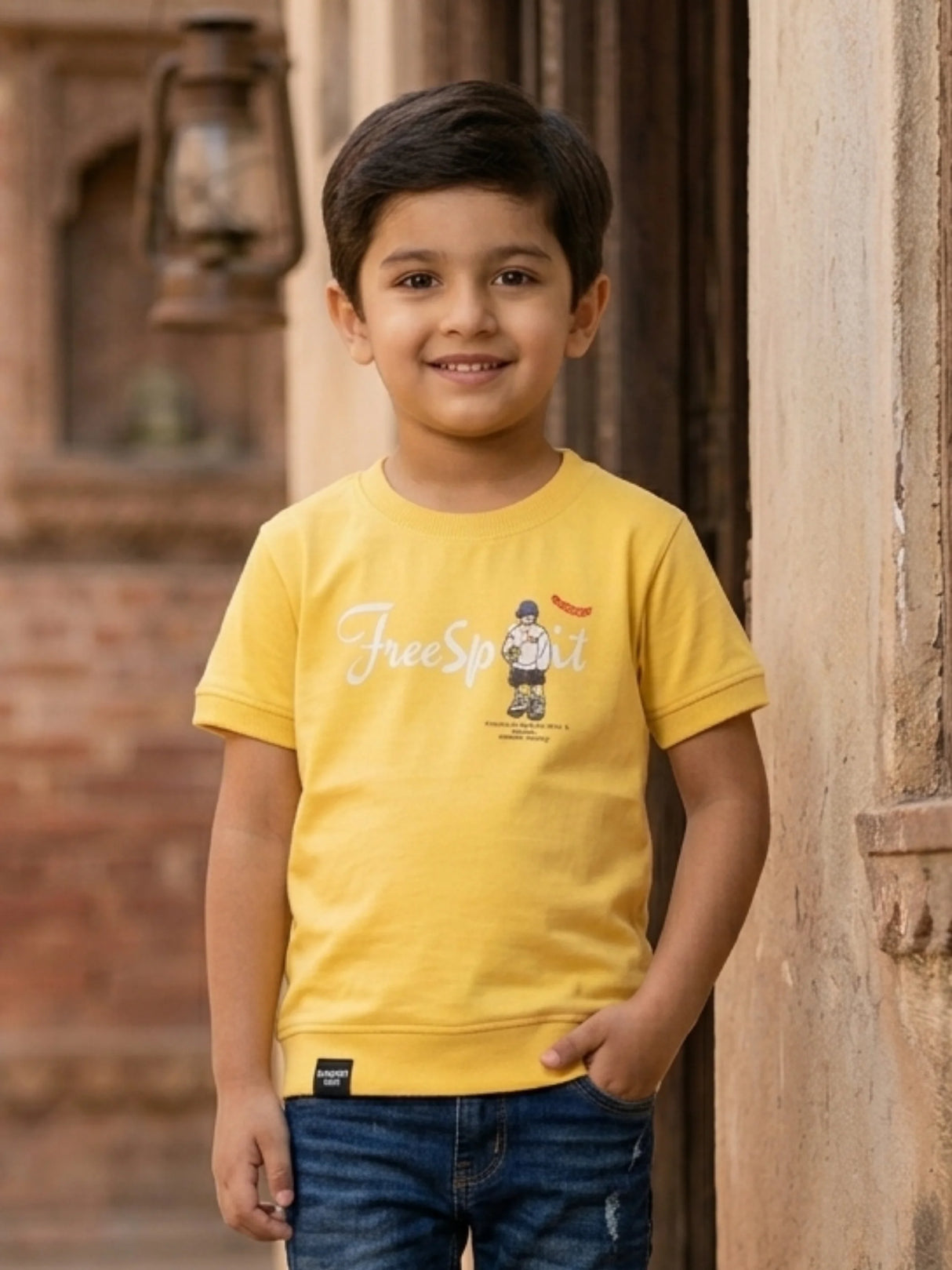 Boys' Yellow "Free Sport" Graphic Cotton T-Shirt