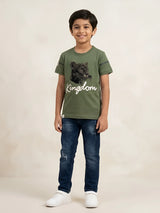 Boys wearing an olive green short sleeve crew neck t-shirt with a panther graphic and Kingdom text design
