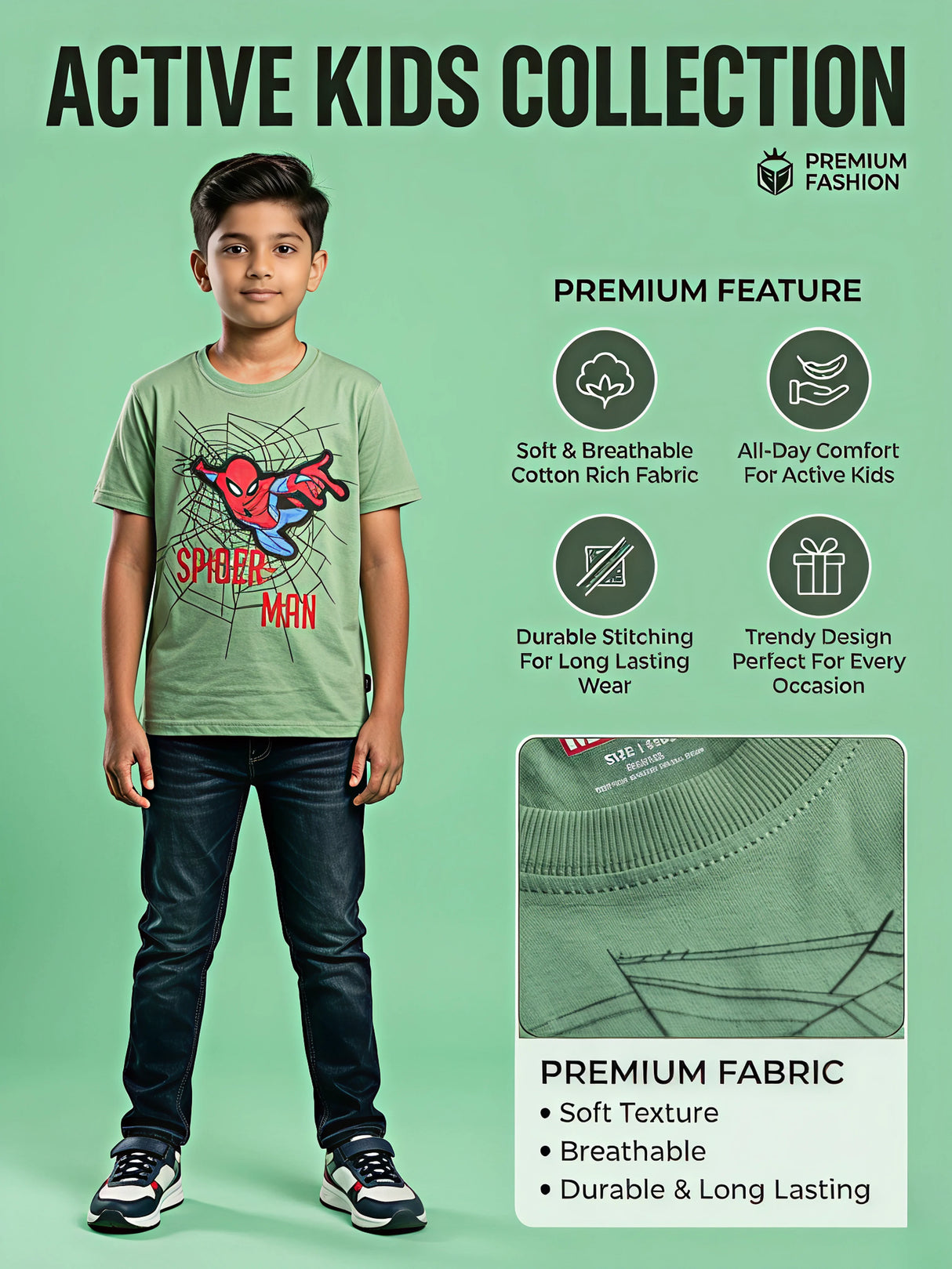 Boys Green Spider-Man Graphic Printed T-Shirt.