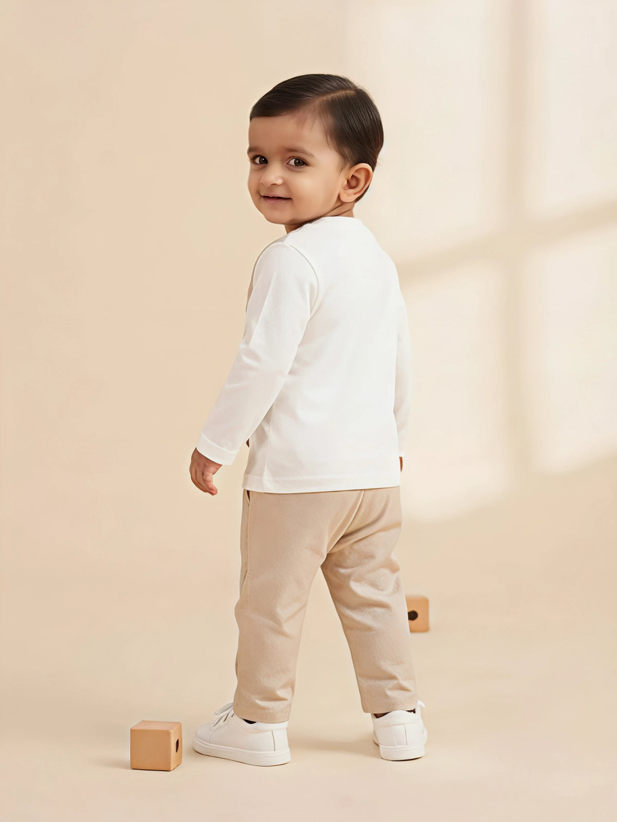 Boys Cream Waistcoat T-Shirt and Trousers Clothing Set.