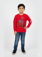 Boys' long-sleeved red crewneck sweatshirt featuring a large, textured graphic of Spider-Man and 'No Way Home' text on the front, with additional white graphics on the sleeves, hanging on a hanger.