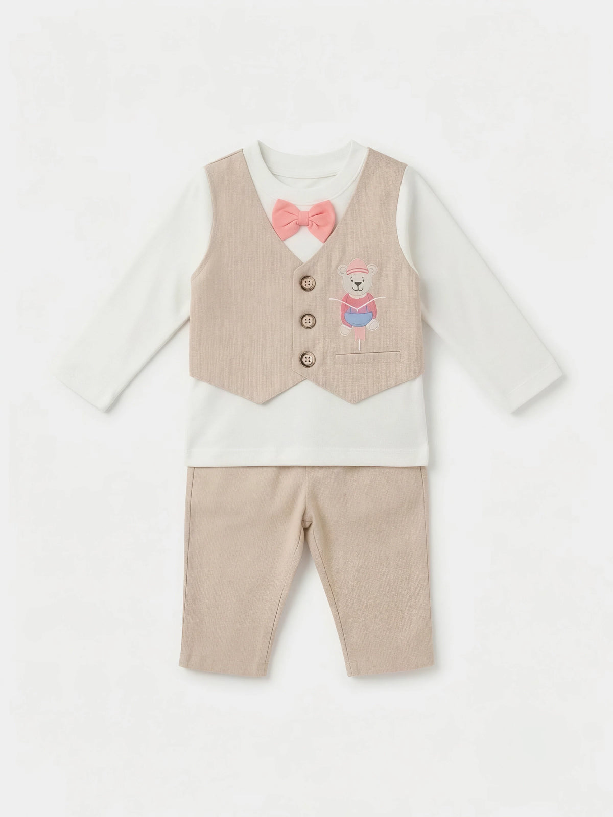 Boys Cream Waistcoat T-Shirt and Trousers Clothing Set.