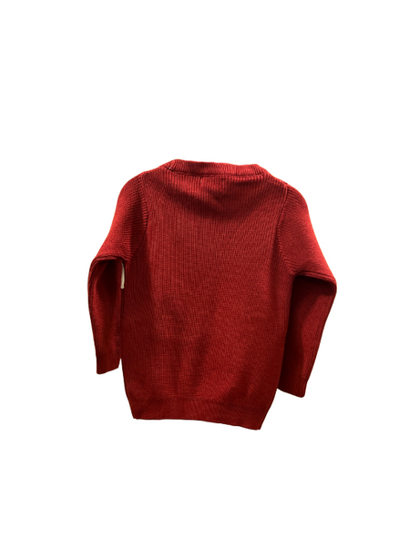 Maroon/Burgundy boys' long-sleeve knit sweater with a ribbed texture, featuring a white contrast panel with a red knitted smiley face and the text "BE GRATEFUL & WEAR A SMILE.