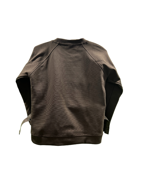 Camel brown/taupe boys' short-sleeve T-shirt with a subtle horizontal texture, featuring a small circular cross/flower emblem graphic on the chest in tan and white