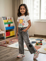 Girls' Charcoal Black Wide-Leg Denim Jeans with Floral Accents