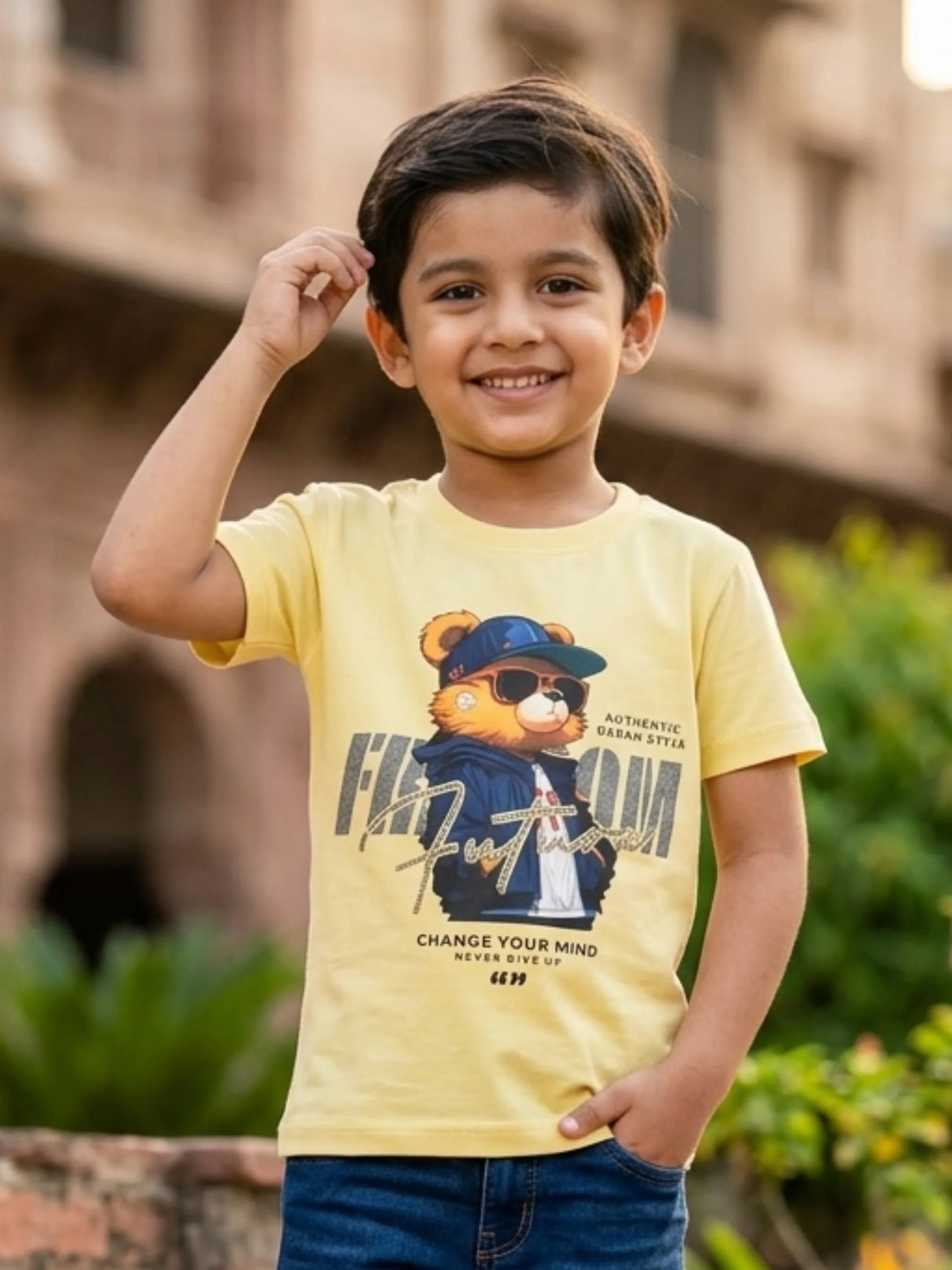 Boys Yellow Freedom Bear Graphic T-Shirt
