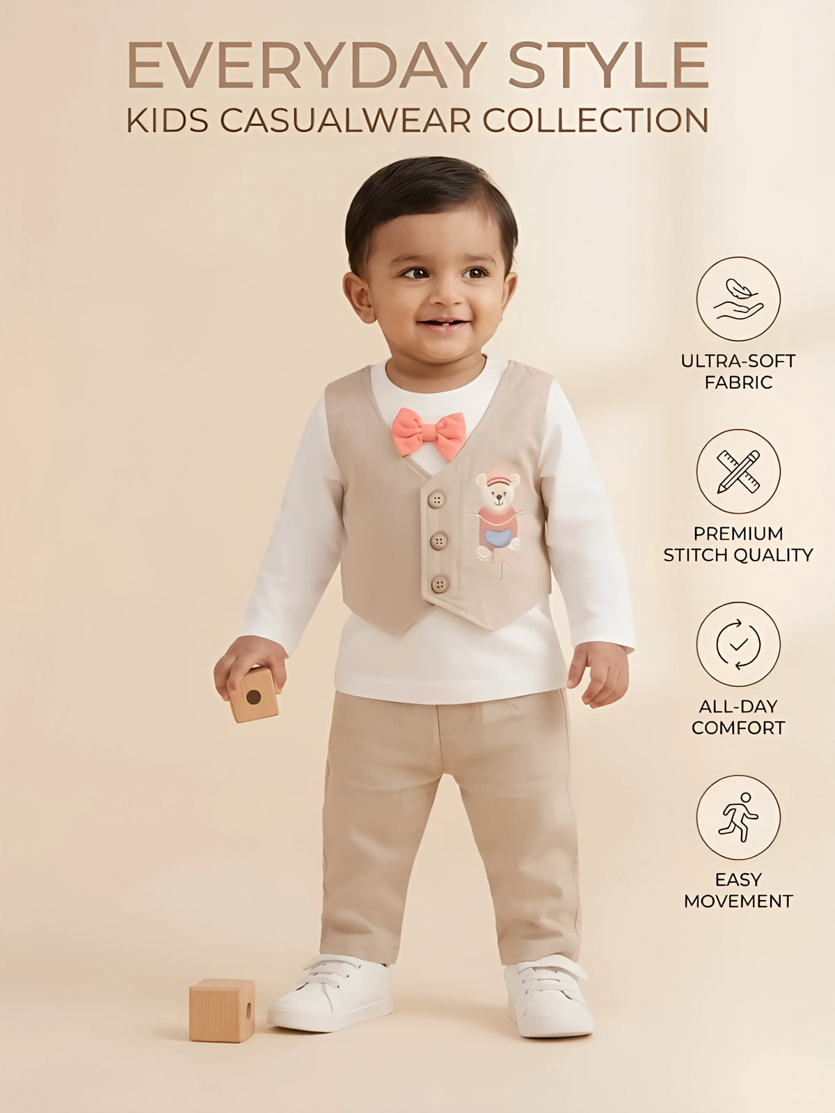 Boys Cream Waistcoat T-Shirt and Trousers Clothing Set.