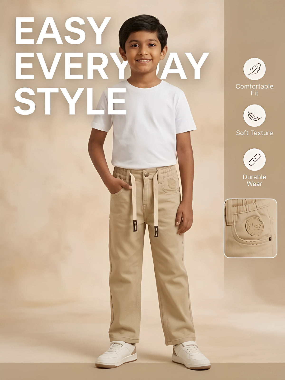 Boys Cream Elastic Waist Casual Pants