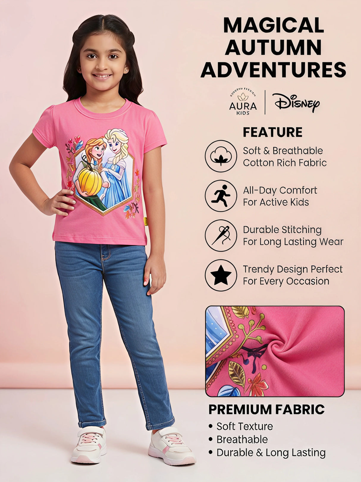 Girls Pink Frozen Printed Puff Sleeve Tops