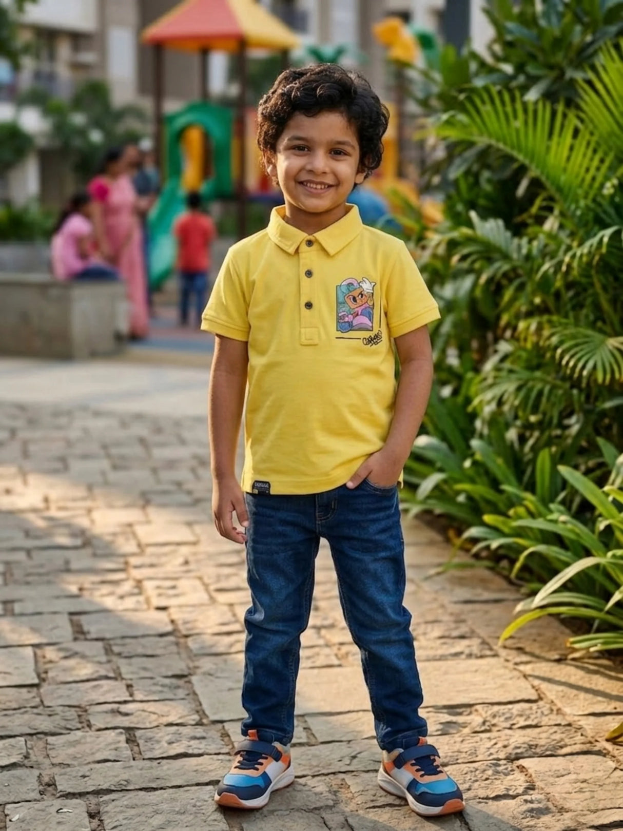 Boys Vibrant Yellow Graphic Polo T-Shirt
