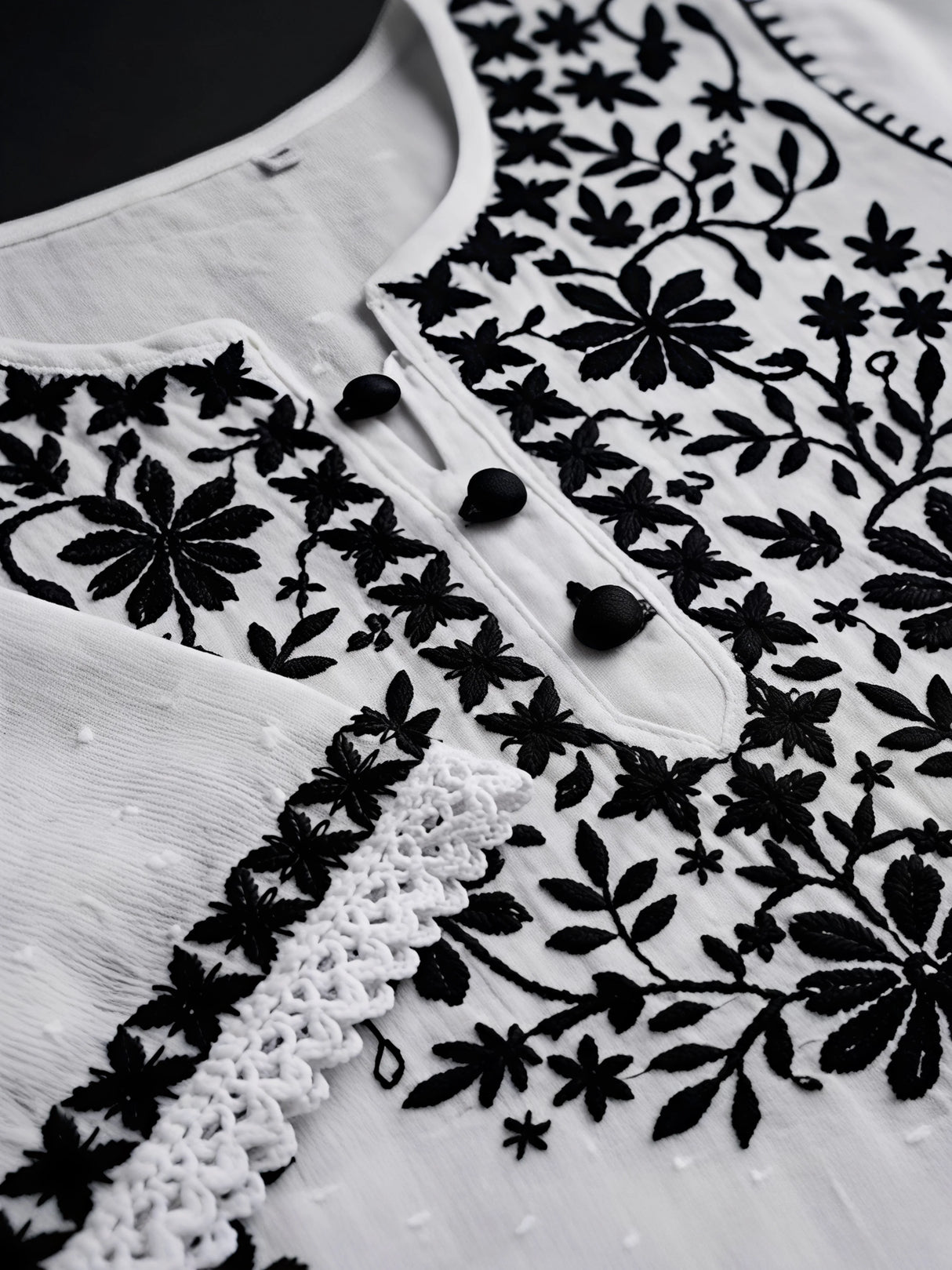 Girls Elegant Off-White & Black Chikankari Kurta Set