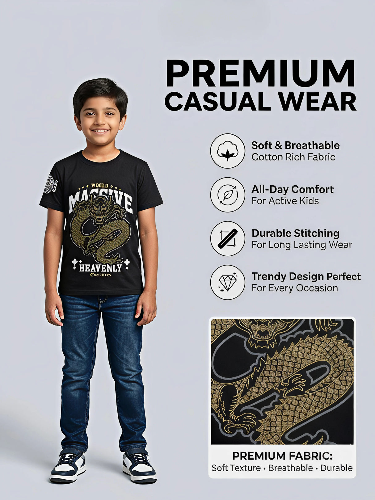 Boys Black Dragon Print T-Shirt - Massive Heavenly