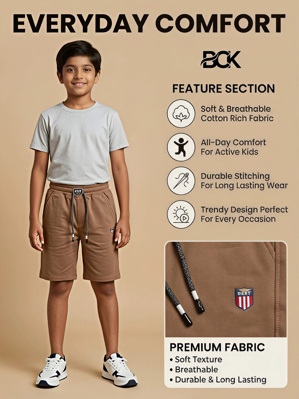 Boys Classic Brown Cotton Comfort Shorts