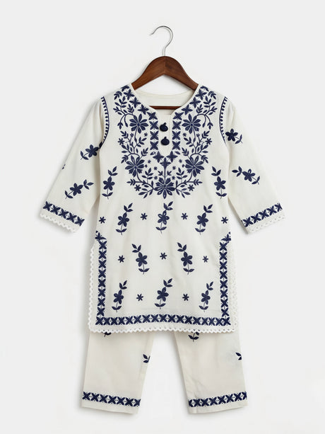 Girls' White Kurti & Trouser Set with Navy Blue Lucknowi Embroidery ()