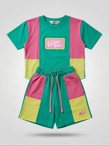 Vibrant Green Color-Block Girls Coordinate Set