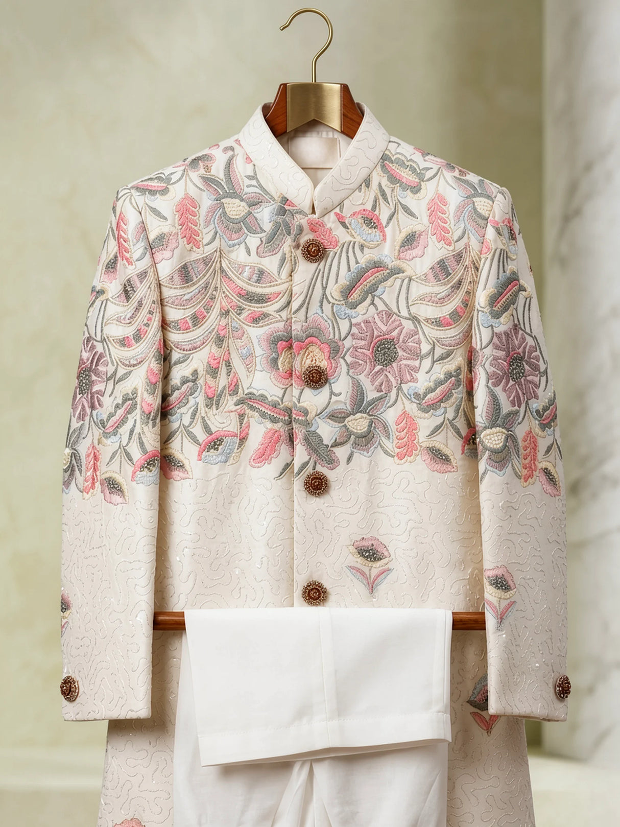 Boys Cream Embroidered Sherwani Set with Trousers